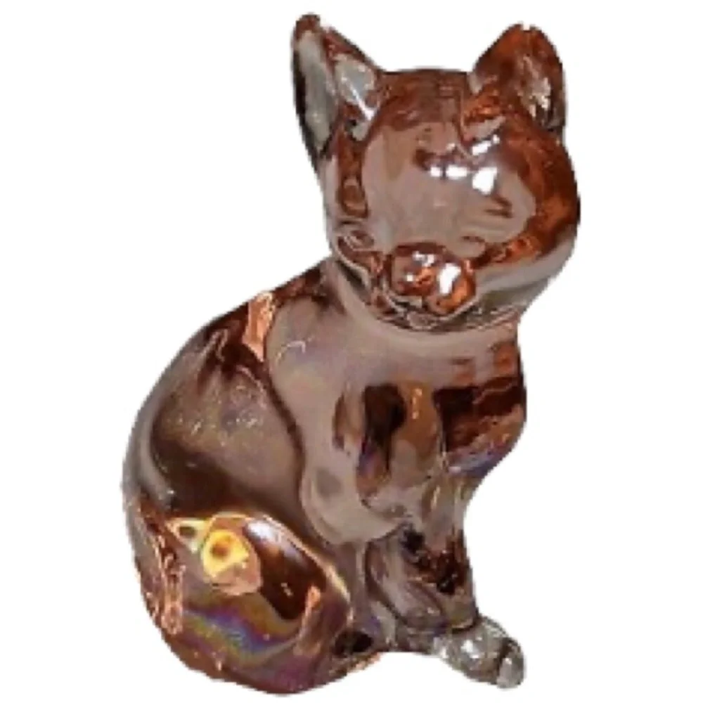Vintage Fenton Iridescent Pink Glass Cat Kitten Collectible Decor Paperweight
